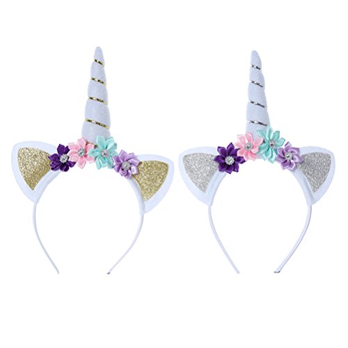 Yeahibaby 2 unicornios perlas florales perlas bandas para el cabello aros de oro...